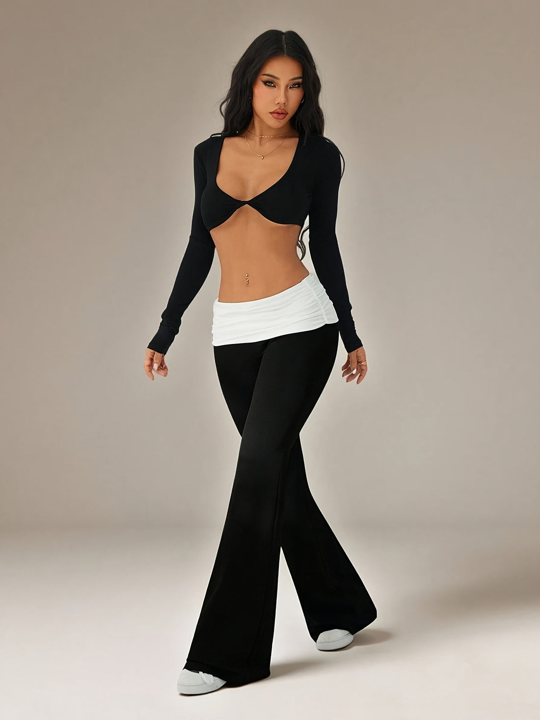 womens casual flared trousers color waistband