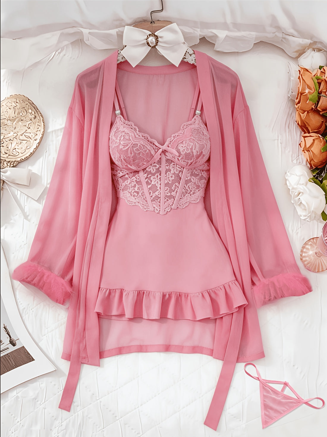 womens 3pcs sheer lace set robe panty see