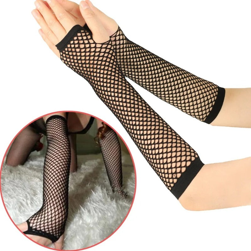 pair womens long net gloves fingerless mesh