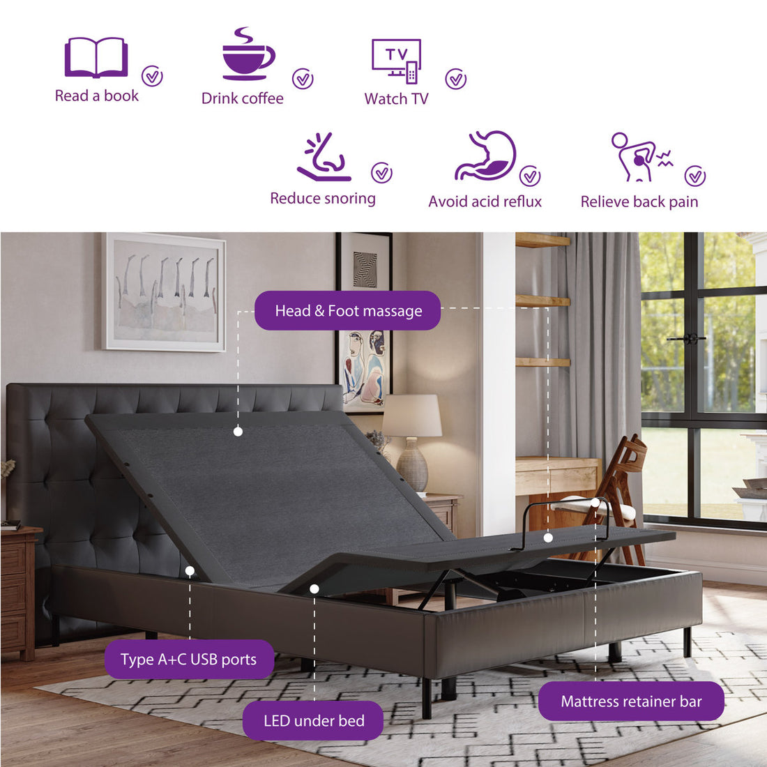 12" Adjustable Bed with Massage, Wireless Remote, and Underbed Lighting
