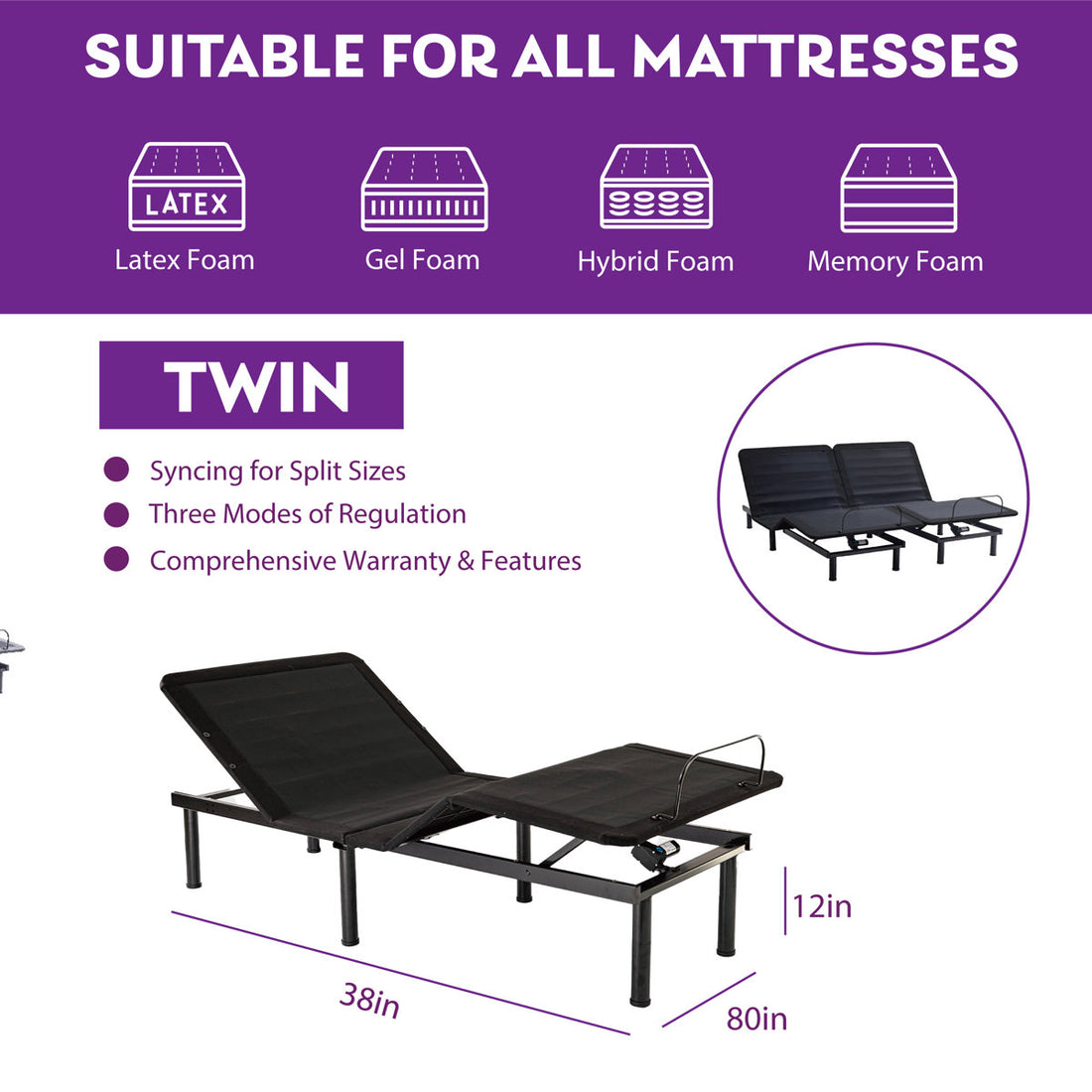 12" Adjustable Bed with Massage, Wireless Remote, and Underbed Lighting
