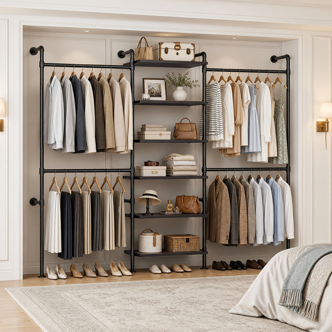 wall-mounted bedroom wardrobe, retro industrial style duct clothing rack with 6 wooden shelves and 4 . bedroom furniture wardrobe storage - furniture