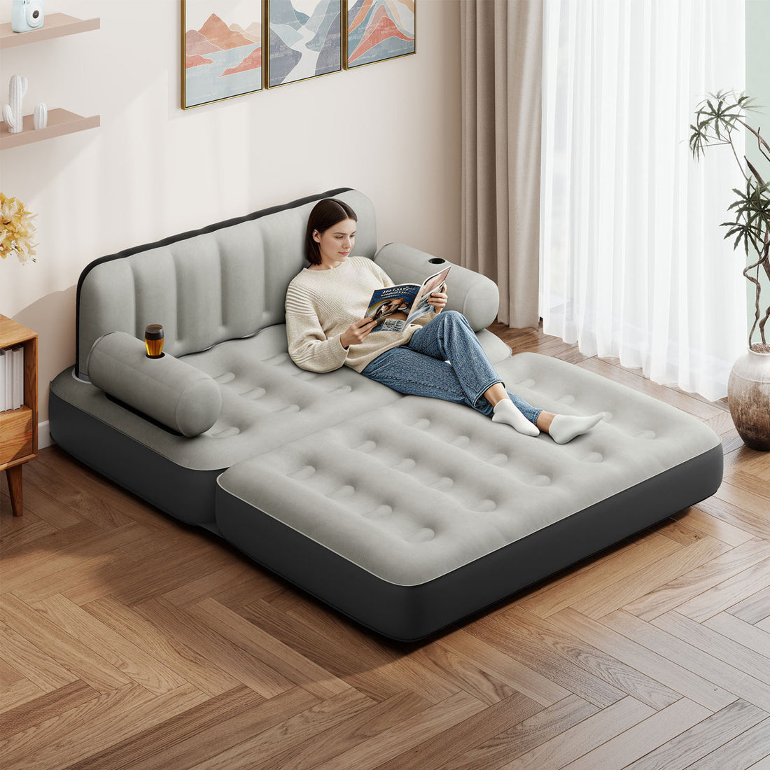 2-in-1 Queen Size Air Mattress Sofa Bed with Headboard and Electric Pump
