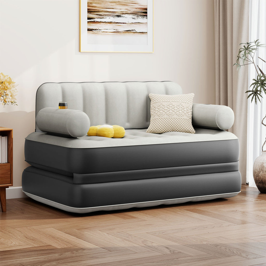 2-in-1 Queen Size Air Mattress Sofa Bed with Headboard and Electric Pump