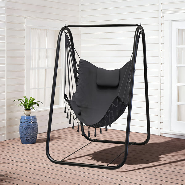 outdoor swing chair a stand featuring a metal hammock