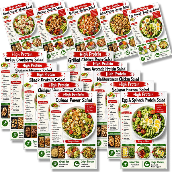 set high protein salad recipe cards prep guide