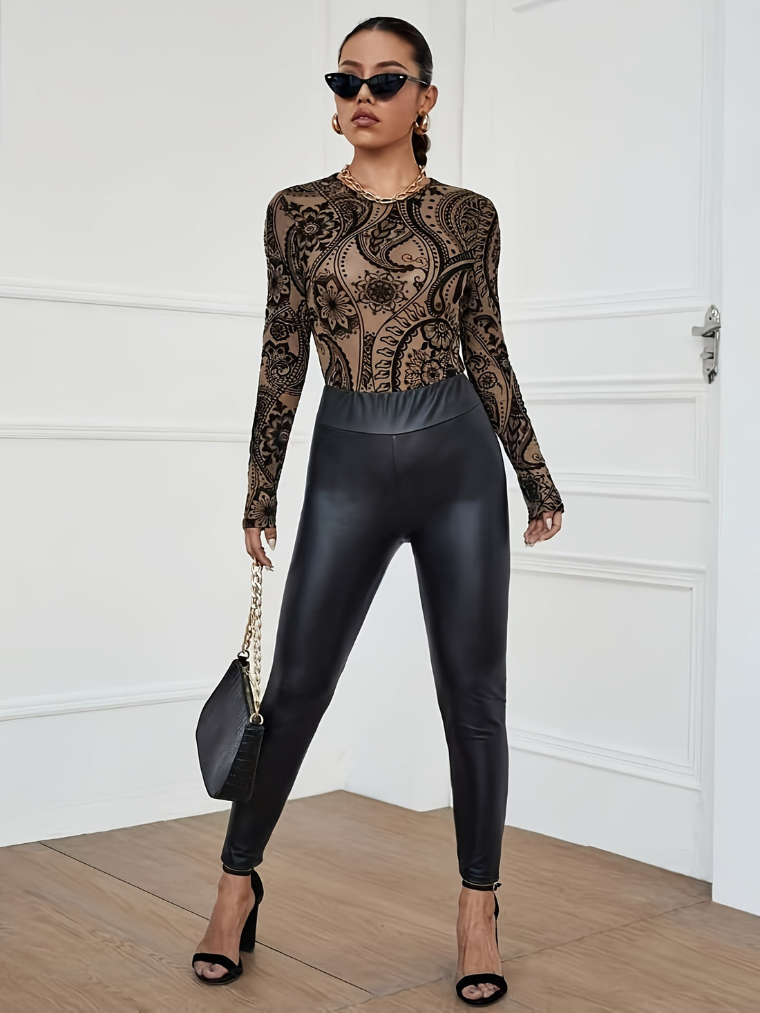 womens mesh paisley long sleeve bodysuit semi