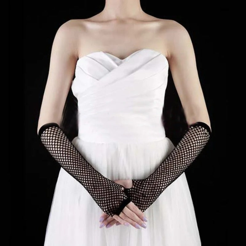 pair womens long net gloves fingerless mesh