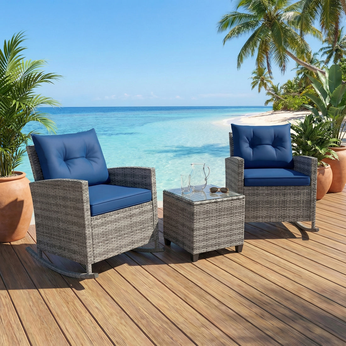 3pcs outdoor rocking chair set rattan wicker patio