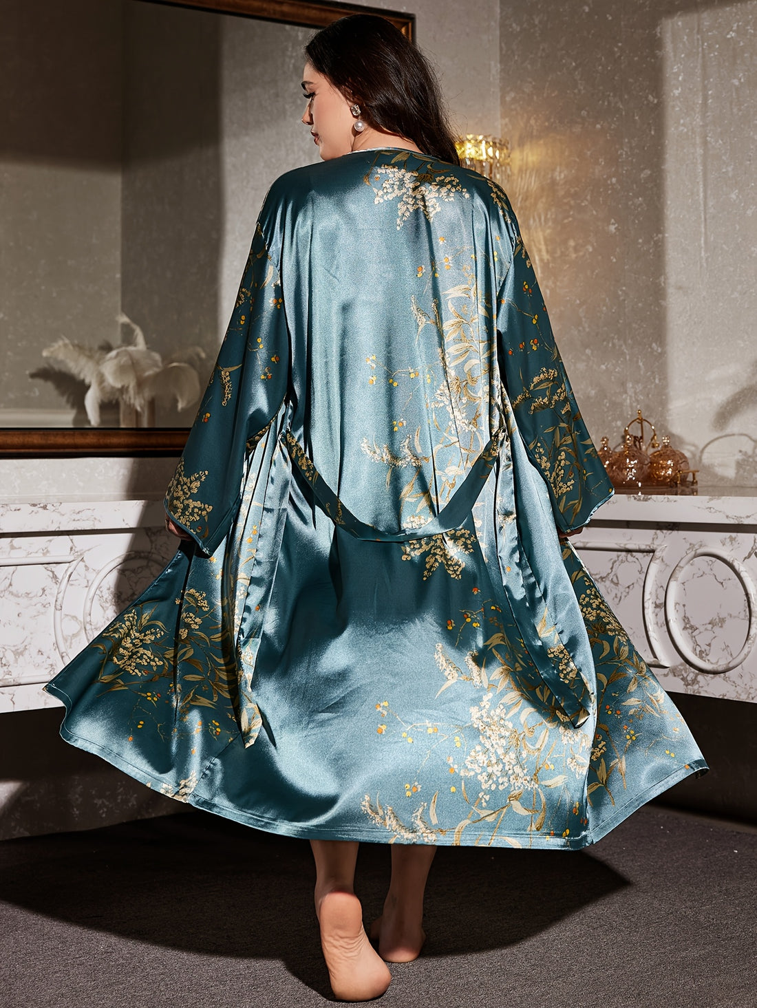 plus size robe tie belt printed long sleeve robe women