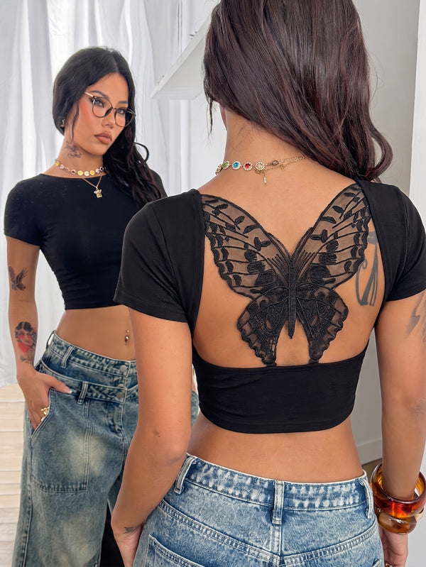 womens y2k solid back lace hollow short sleeve
