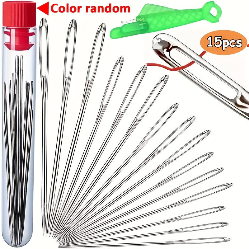 15 large random eye sewing needles hand faux leather