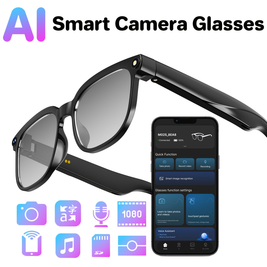smart 8mp hd video recording glasses audio