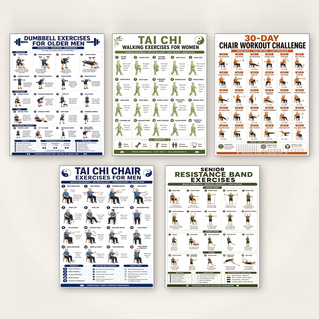 5 workout posters 8x10 exercises tai