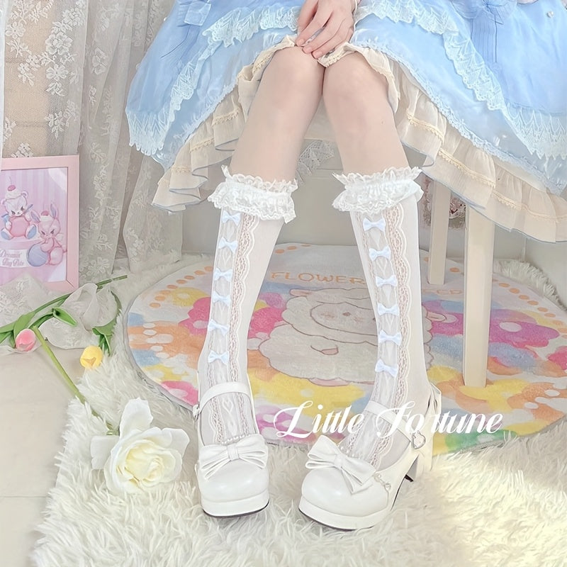 1 pair princess bow calf socks youth thin lace leg socks