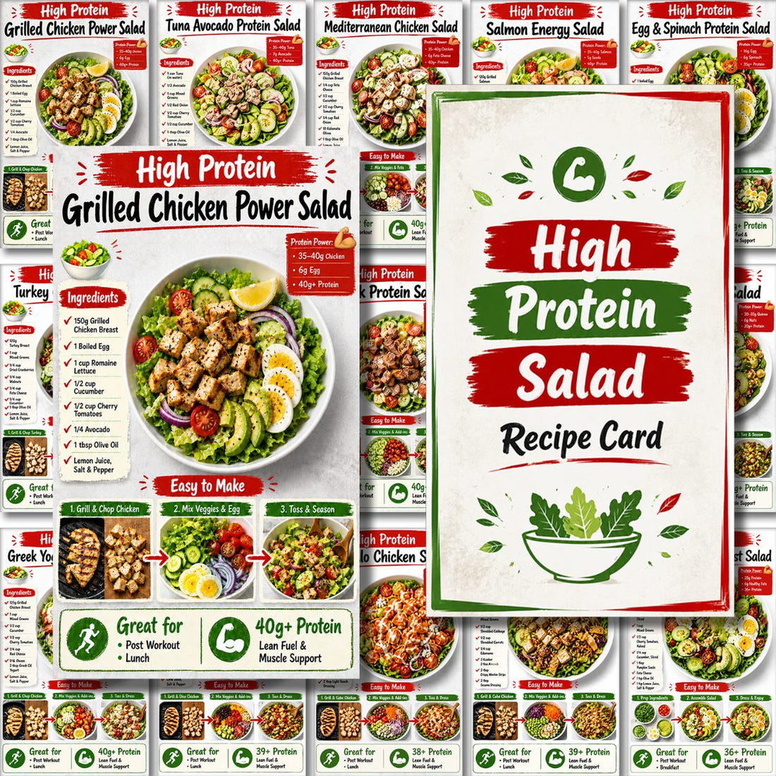 set high protein salad recipe cards prep guide
