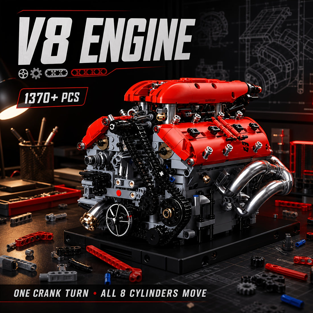 v8 red model 1289 1370pcs v4 engine 1001pcs a