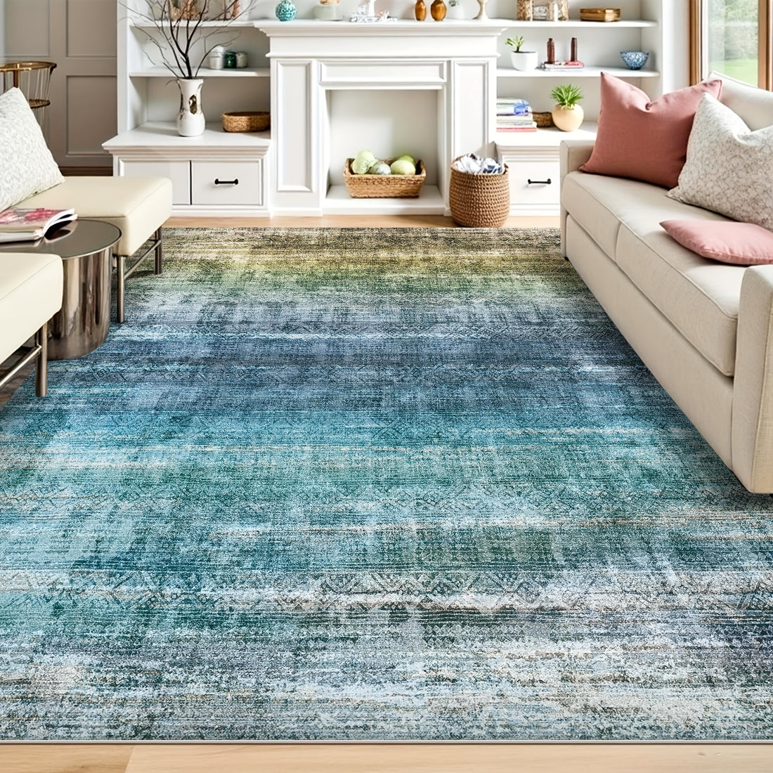 1pc washable area rug gradient teal non slip