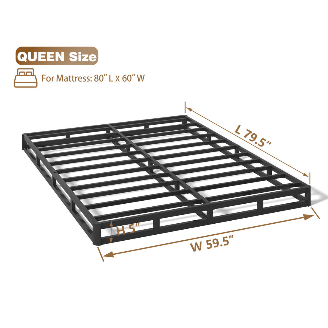 Box Spring Queen, 5 Inch High Metal Box Spring Only, Heavy Duty Mattress Foundation With Fabric Cover, Easy Assembly