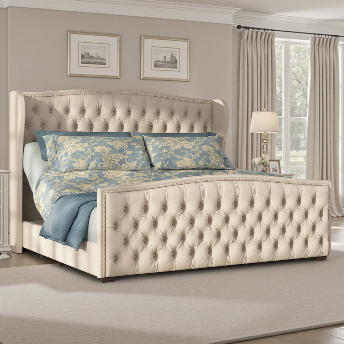 Dulane 50.8"H Adjustable Queen Bed with Nailhead Trim Wingback & Deep Button Tufted Headboard, Cream