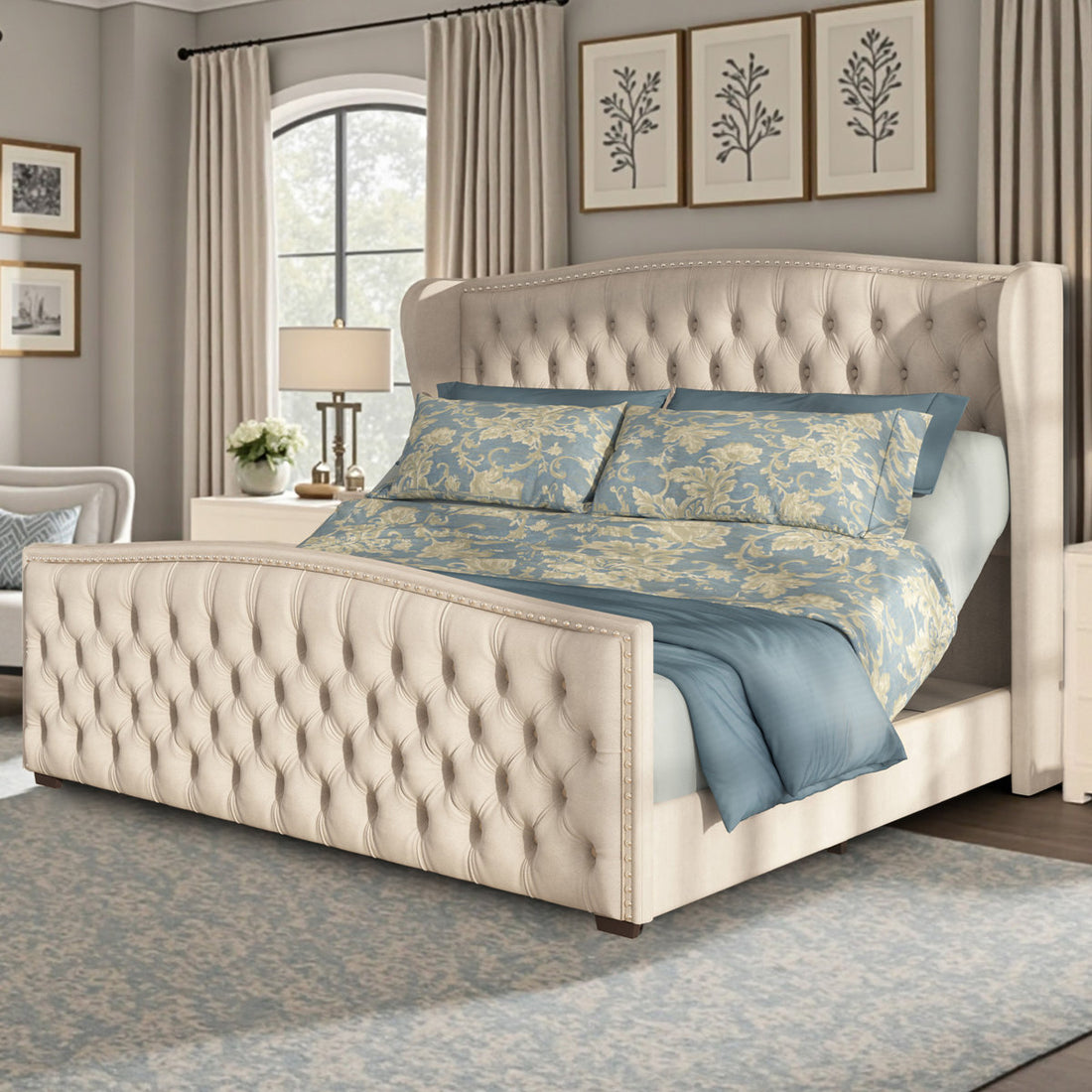 Dulane 50.8"H Adjustable Queen Bed with Nailhead Trim Wingback & Deep Button Tufted Headboard, Cream