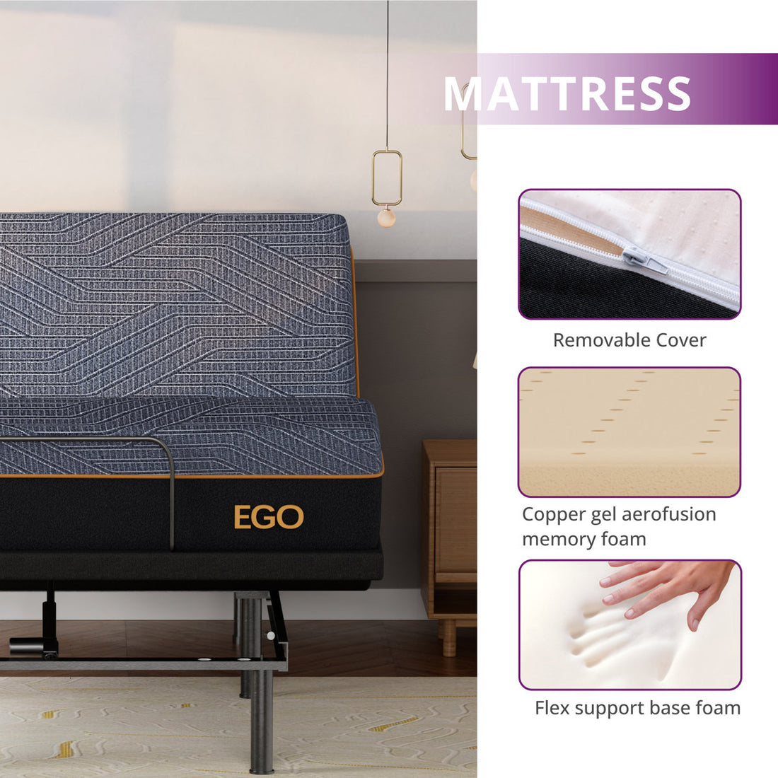 EGOHOME 15”Zero Gravity Adjustable Bed With 12" Memory Foam Mattress, Wireless Remote Control