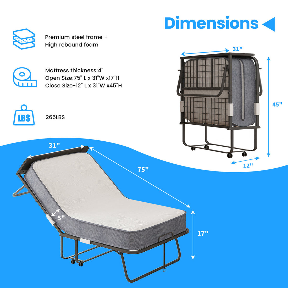 Folding Guest Bed with 5" Memory Foam Mattress & Casters