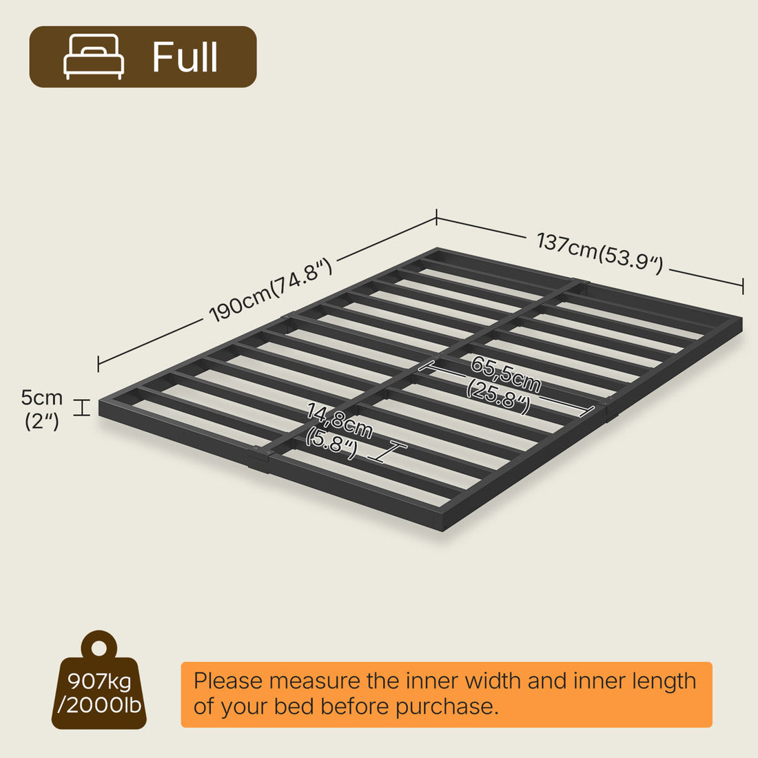Full Box Spring Low Profile, Metal Box Spring for Full Bed, Mattress Foundation Easy Assembly