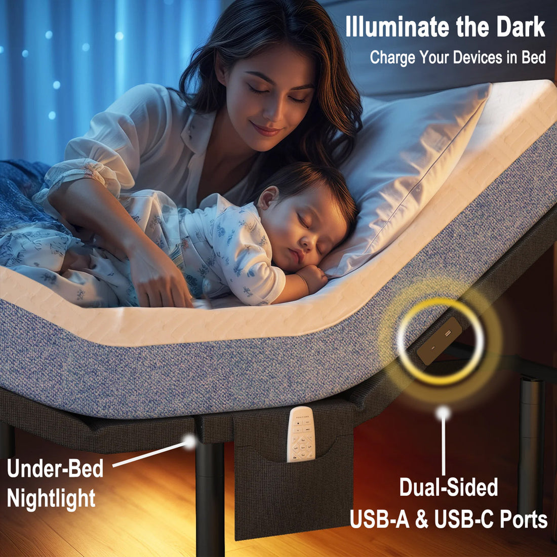 Iduna Adjustable Bed Frame with Massage ,Wireless Remote Adjustable Base Zero Gravity & Anti-Snore Modes Under Bed Lighting, 4 USB Ports