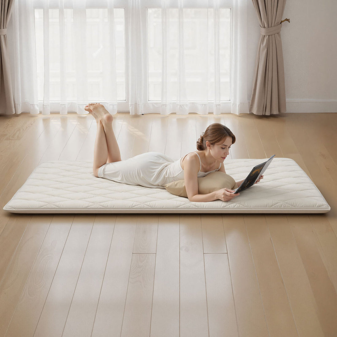Japanese Tatami Mat, Queen Size Foldable Japanese Tatami Mattress, Futon Mattress with Storage Bag & Fastener, 9-Layer Floor Mat for Sleeping, Dormitory, Meditation, Yoga, 80 x 60 x 2.5 in, White