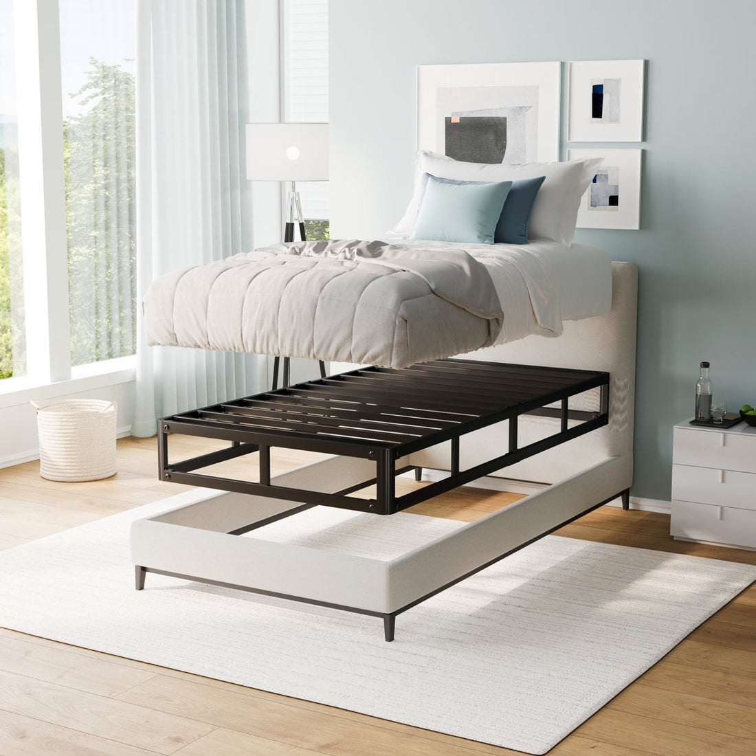 Jessine 8 Inch metal box spring, Fabric - Covered, Easy Assembly Mattress Foundation,twin box spring Single Beds for Kids, Teens & Students - Compact Space-Saving Design with Frame, Ideal for Dorms, Small Apartments & Guest Rooms