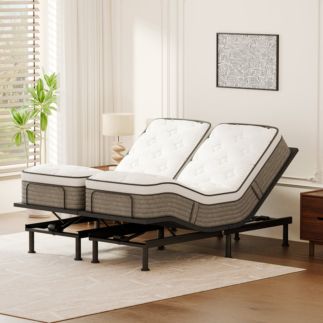 Olyphant Split King Adjustable Bed With 12”dual Foam Hybrid Mattress-zero Gravity, Massage And Wireless Remote, Underbed Light