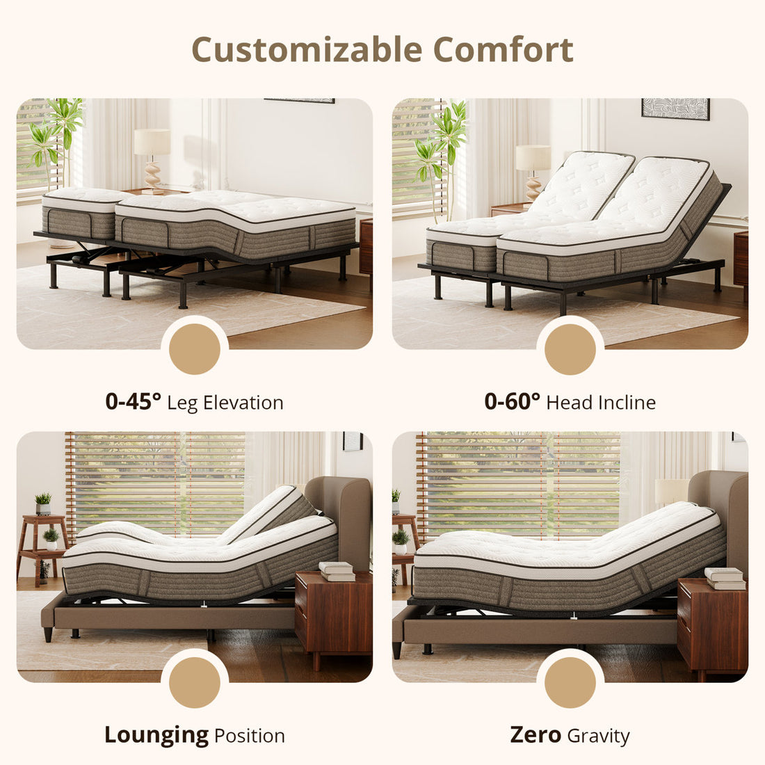 Olyphant Split King Adjustable Bed With 14”Dual Foam Hybrid Mattress-Zero Gravity, Massage And Wireless Remote, Underbed Light