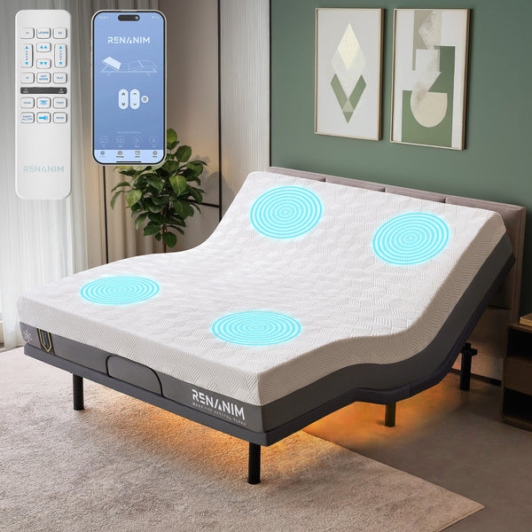 Renanim SerenityFlex Adjustable Bed with 14" Memory Foam Mattress, Massage, USB, Remote & App