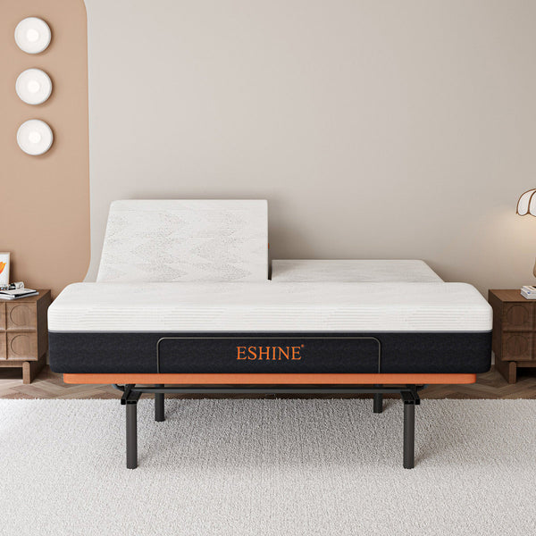 Split Top King Adjustable Bed Frame With 12'' Medium Plush Memory Foam Mattress, USB & Type C Ports, Massaging, Wireless Remote, E3000 Sunset Orange