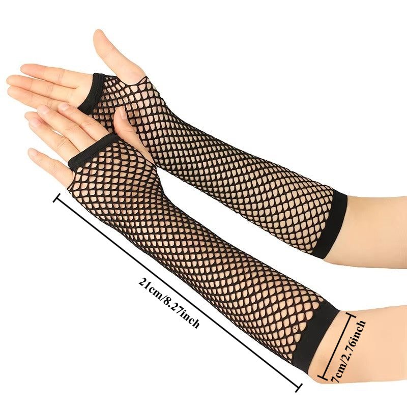 pair womens long net gloves fingerless mesh