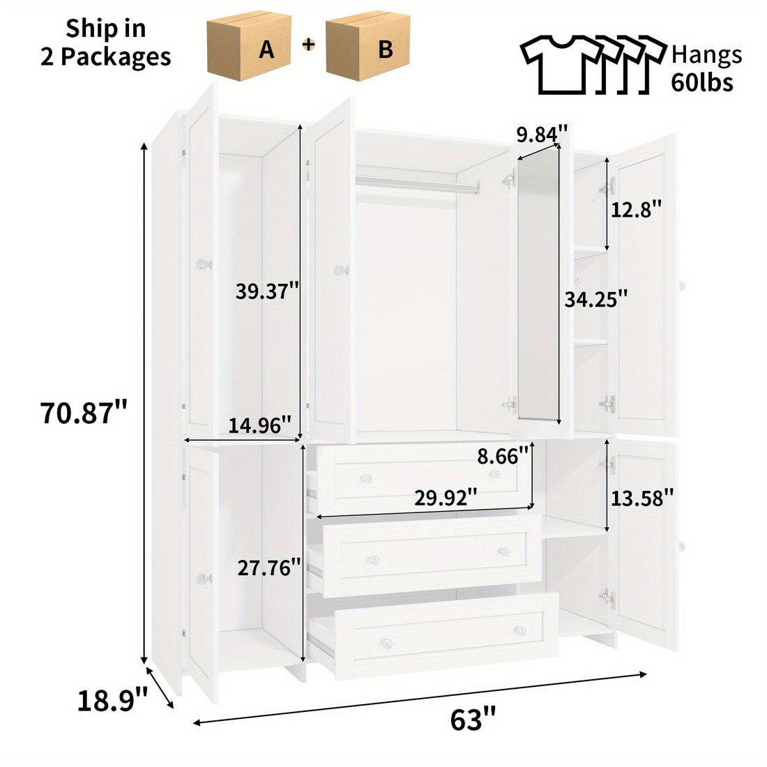47 63 large modern wardrobe closet mirror door