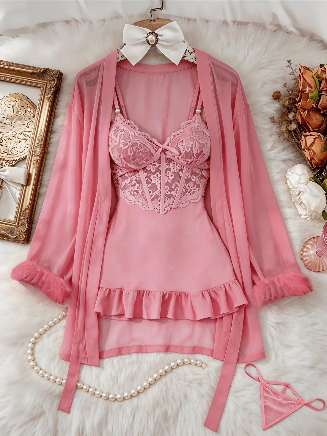womens 3pcs sheer lace set robe panty see
