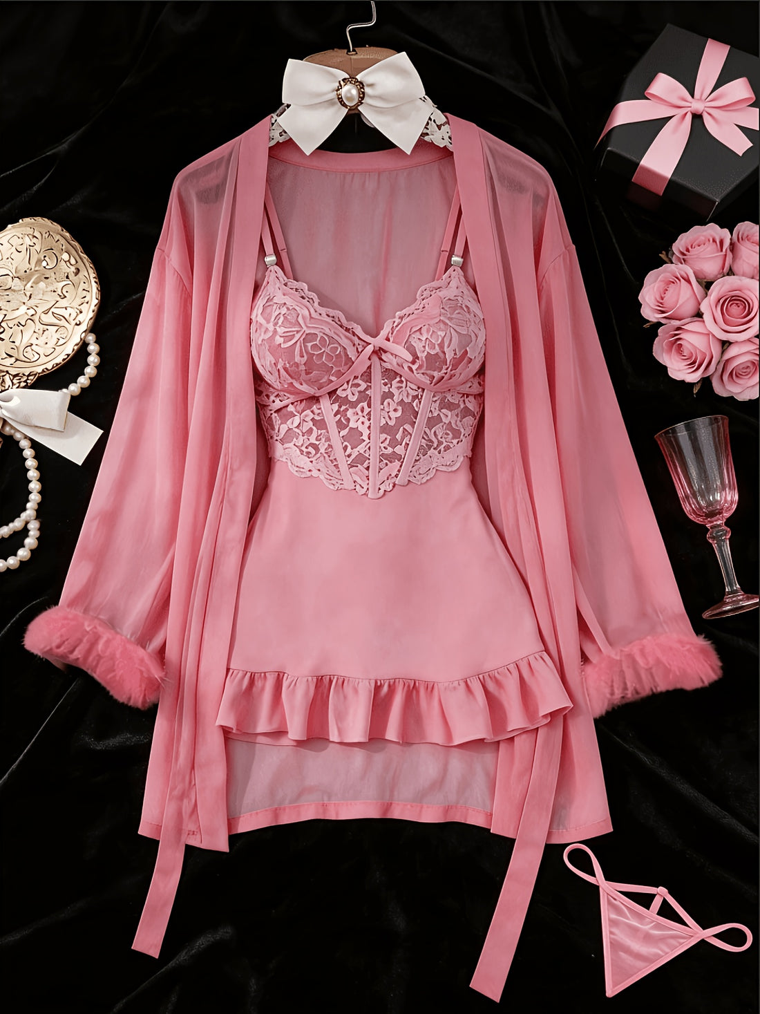 womens 3pcs sheer lace set robe panty see