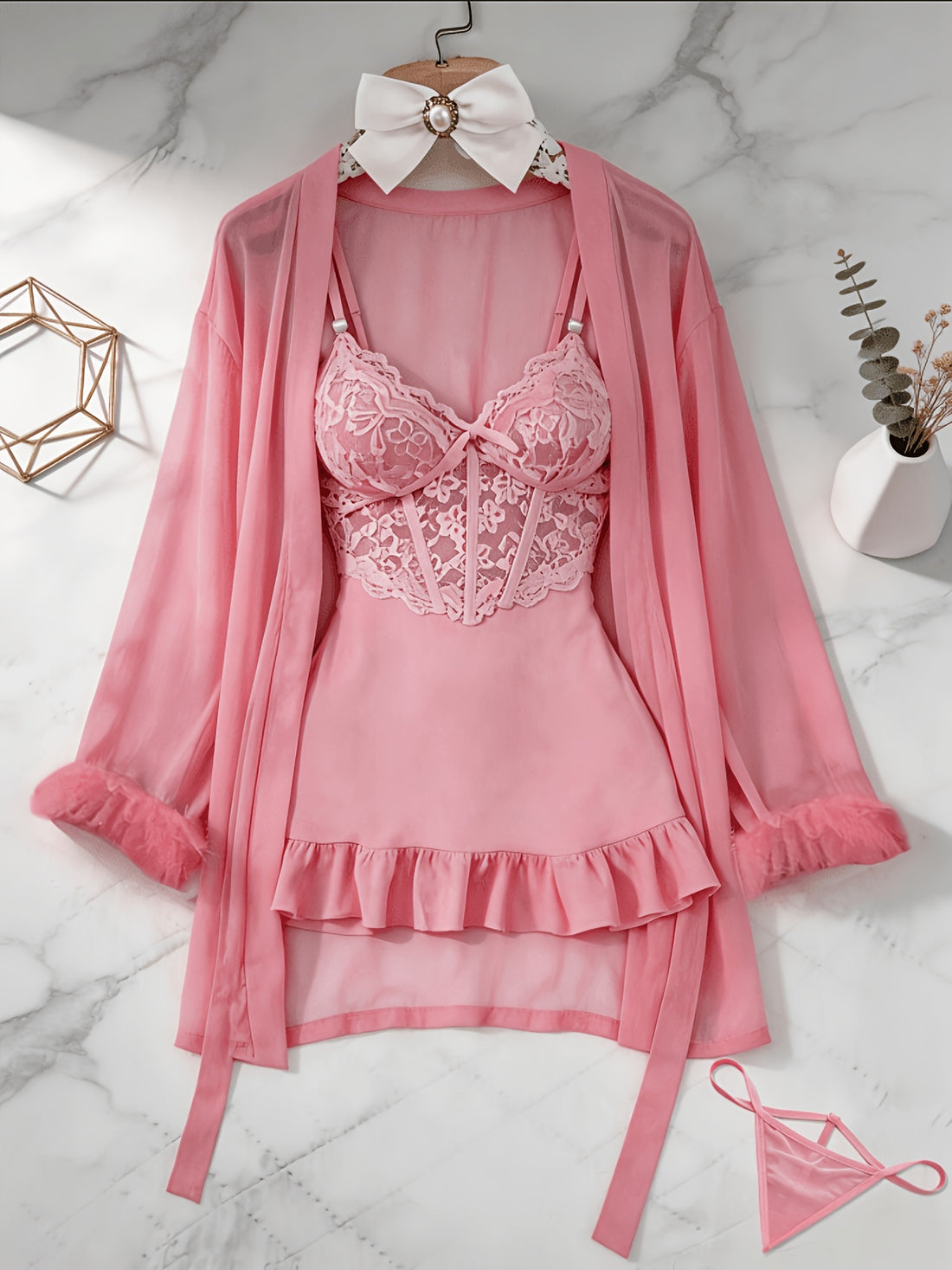 womens 3pcs sheer lace set robe panty see