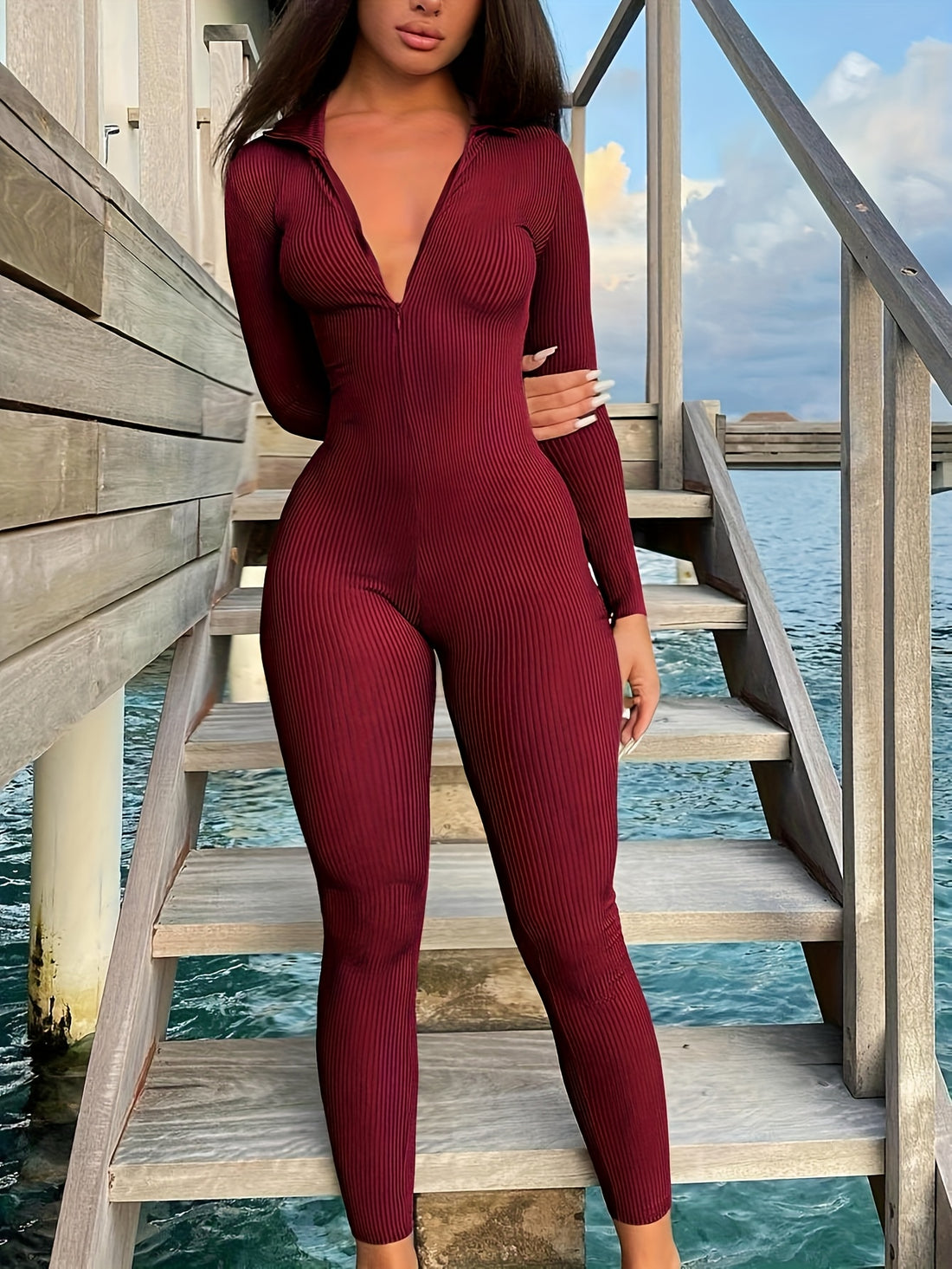 womens fashion solid color zipper ribbed fit jumpsuit