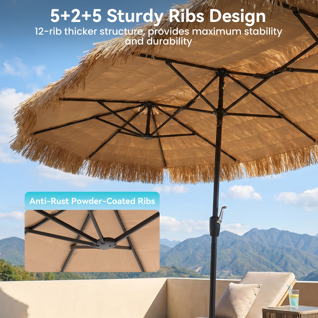 13ft triple head thatch patio umbrella