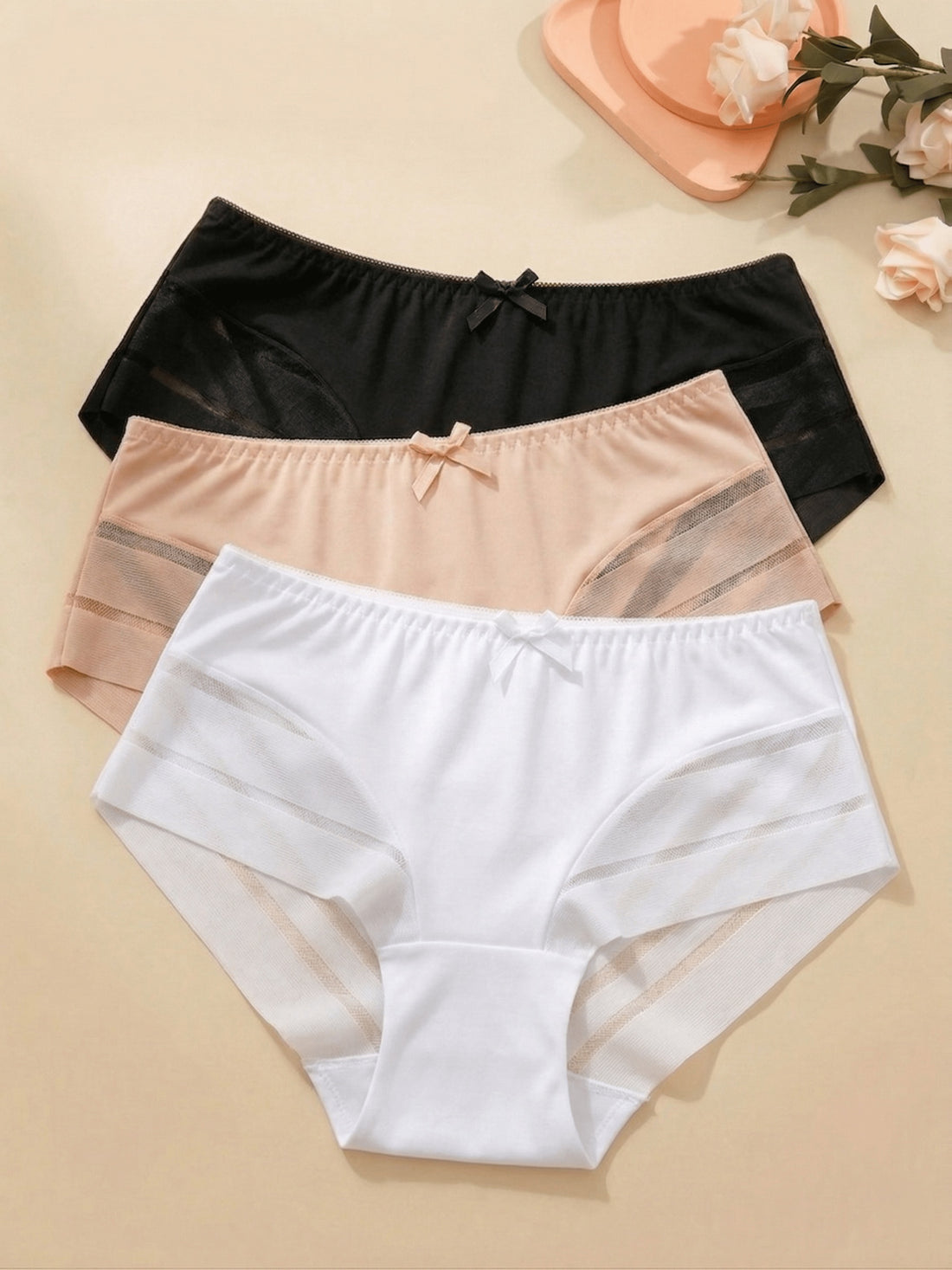 3pcs ladies breathable panties solid color contrast