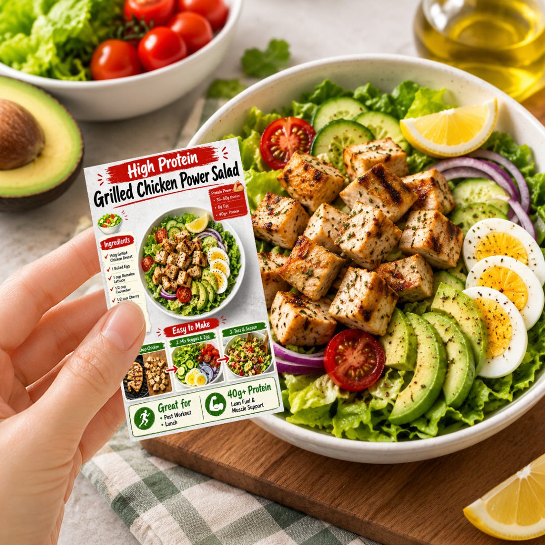 set high protein salad recipe cards prep guide
