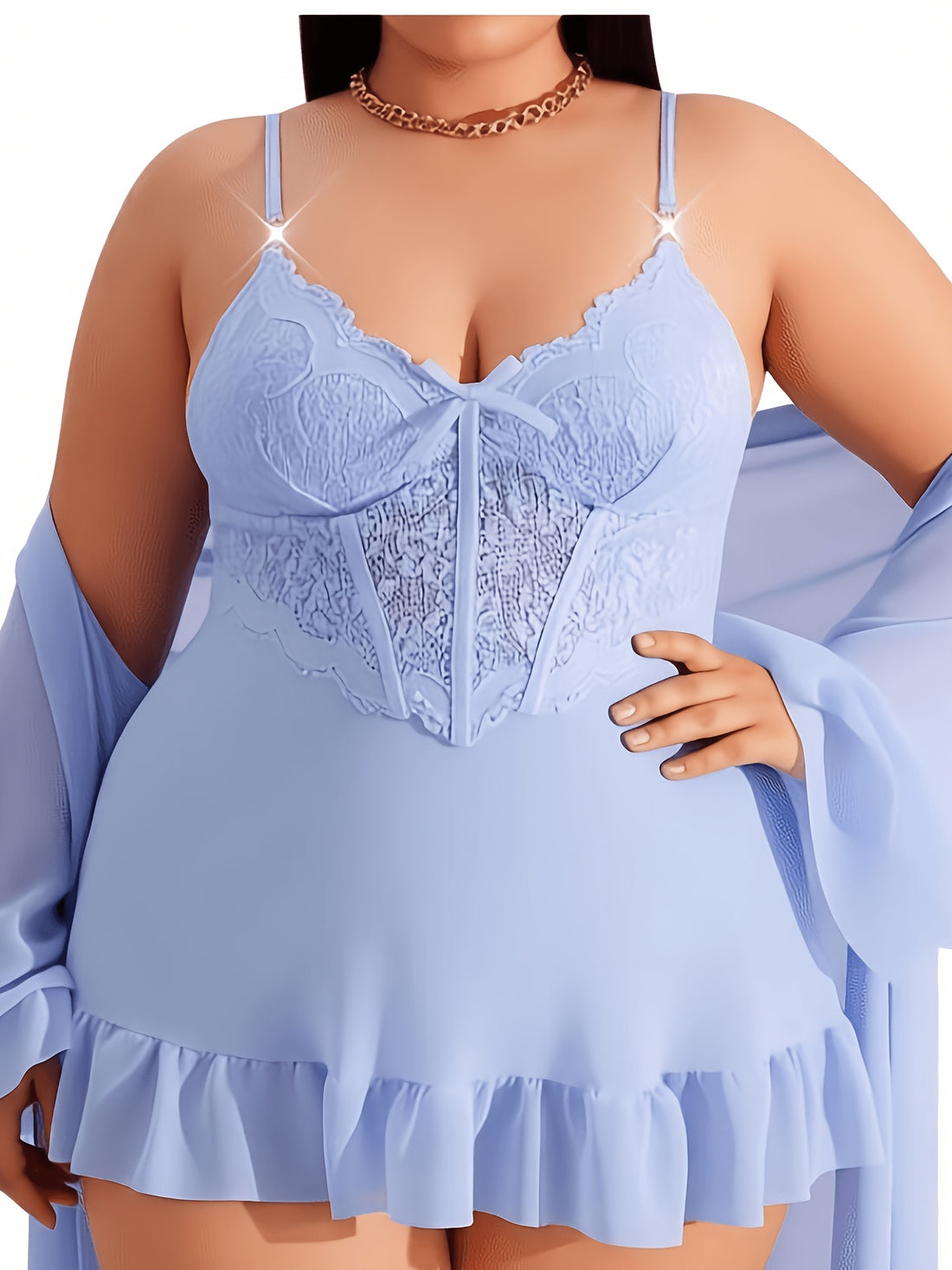 plus size womens nightwear light blue lace three piece