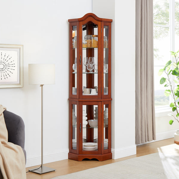 wooden vintage corner display storage cabinet lights