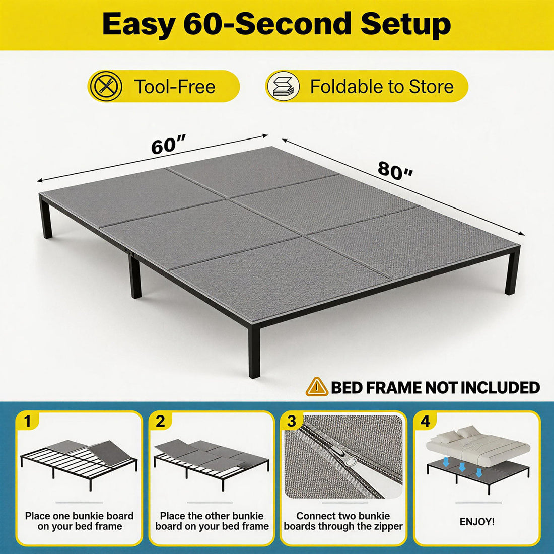 0.4'' Bunkie Board Queen 60X80'' For Bedroom Breathable & Moisture Resistant Foldable Bed Support Panels For Bed Frame Heavy Duty Low Profile Bed Support Board Queen Box Spring Supplement Noise Minimizing