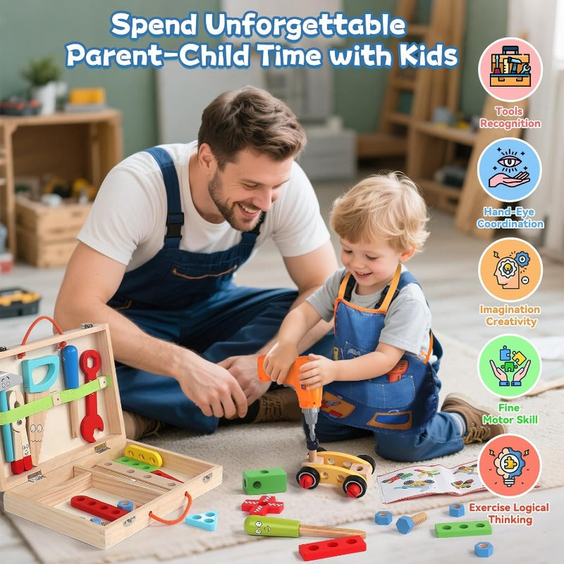 44pcs wooden kids tool set electric drill apron storage box