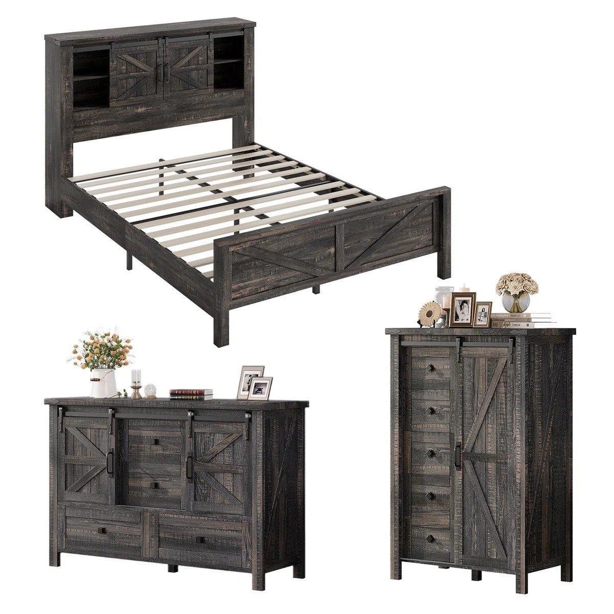 farmhouse bedroom set bed sliding barn doors bookcase