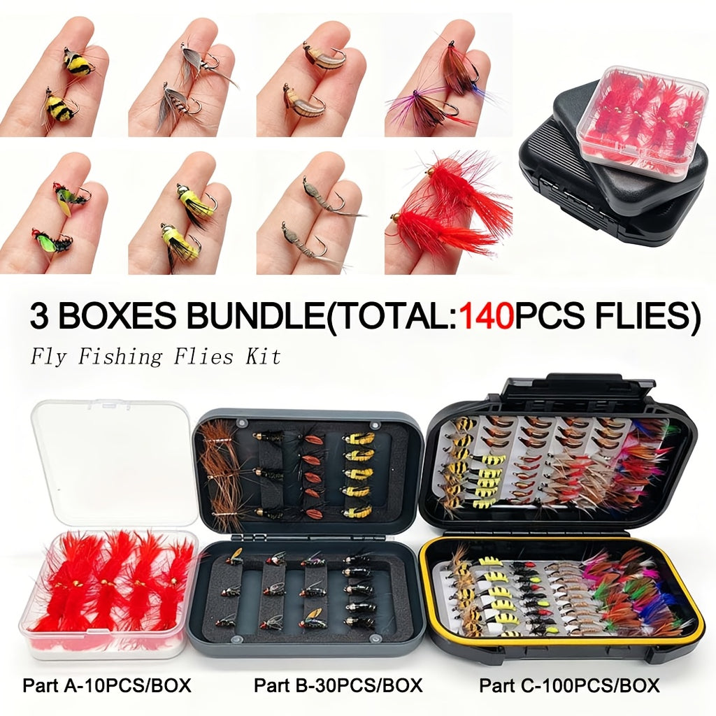 fly fishing flies kit 3 boxes bundle total 140pcs flies dry
